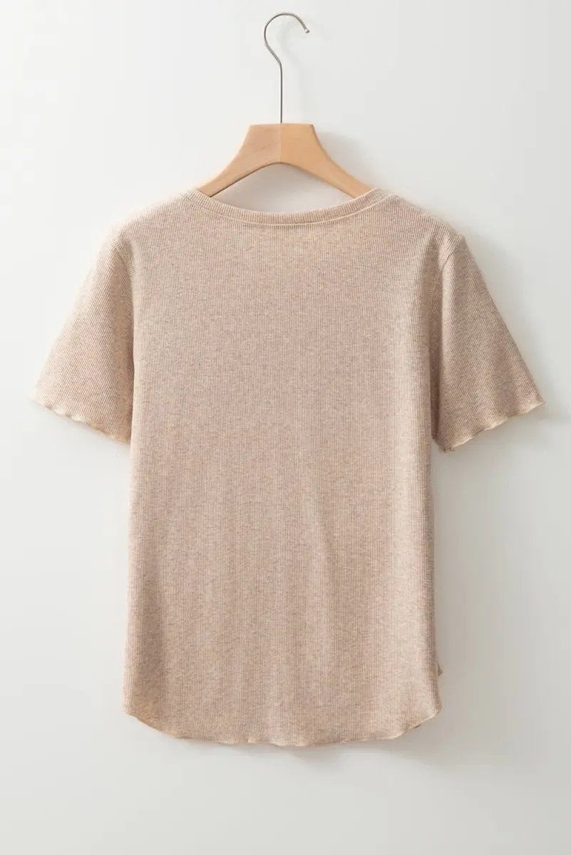 Oatmeal Short Sleeve Half Button Ribbed Knit Top for Women - Love Salve
